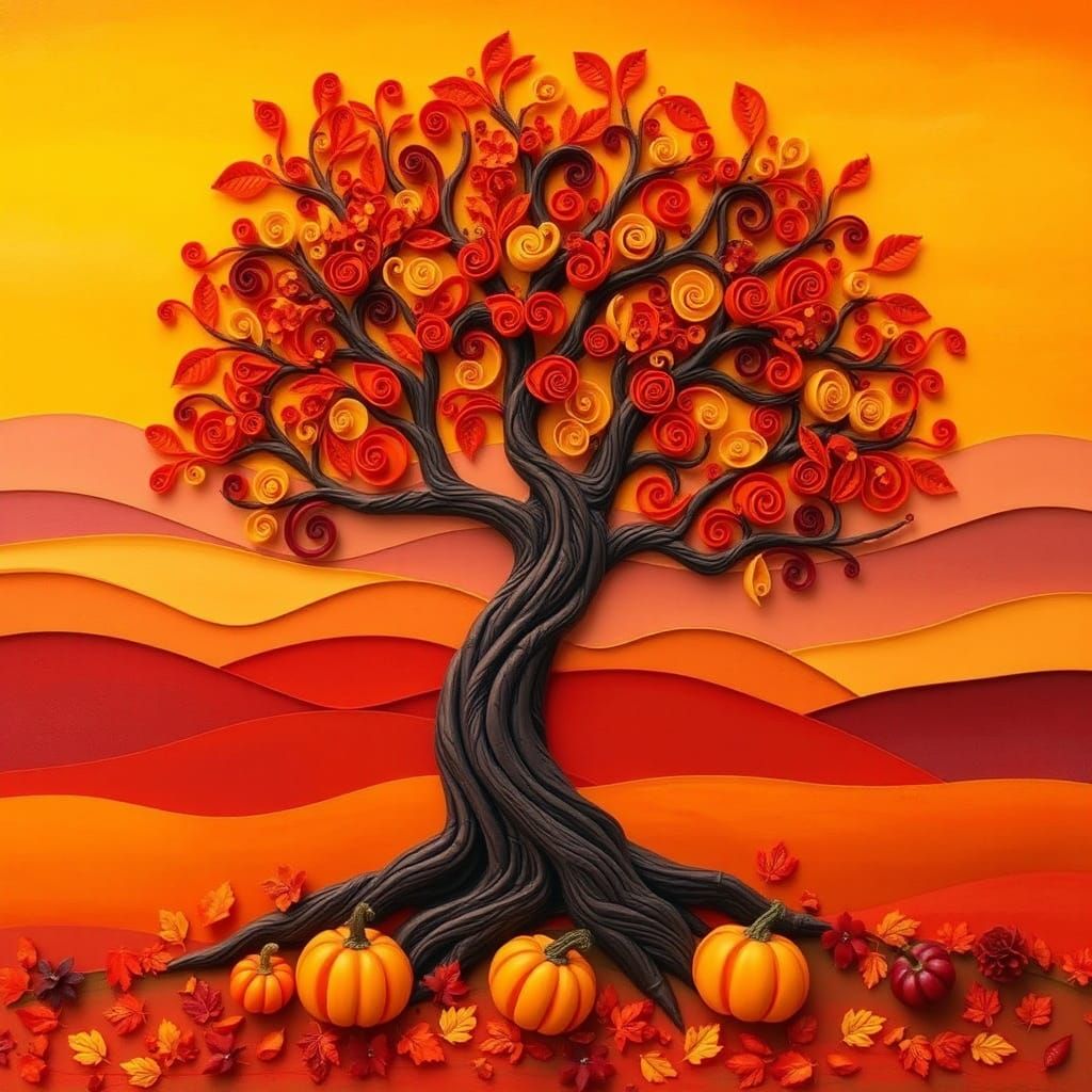 Quilled Autumn Tree with Pumpkins in Folk Art Style