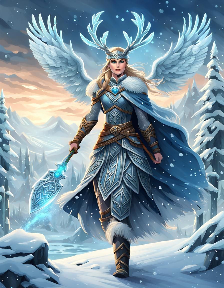 Valkyrie in Frozen Winter Scene: Norse Mythology