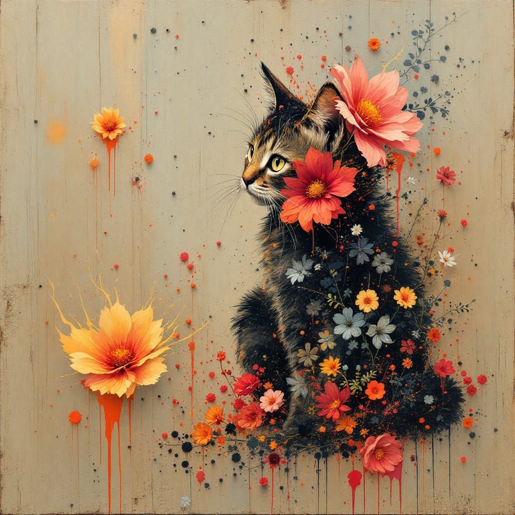 Tabby Cat Amidst Fiery Flowers