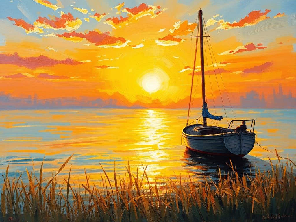 Impressionist Sunset: Sailboat on Calm Lake