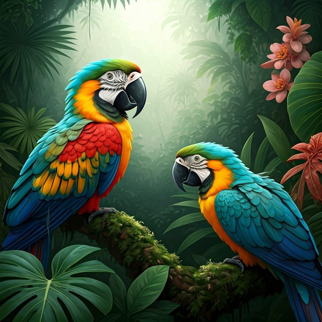Tropical Birds in Lush Rainforest Matte Painting