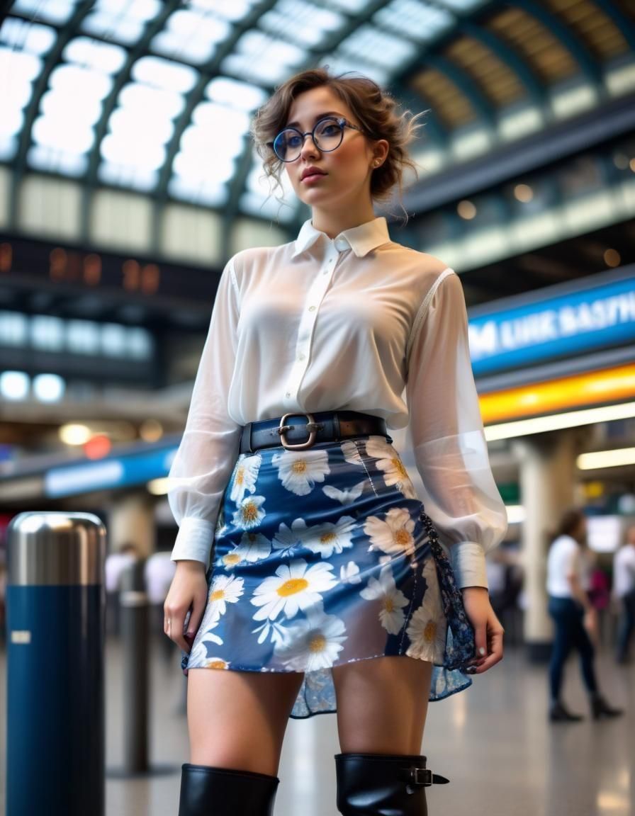 Woman with Glasses in Euston Station: Hyperdetailed Rococo S...