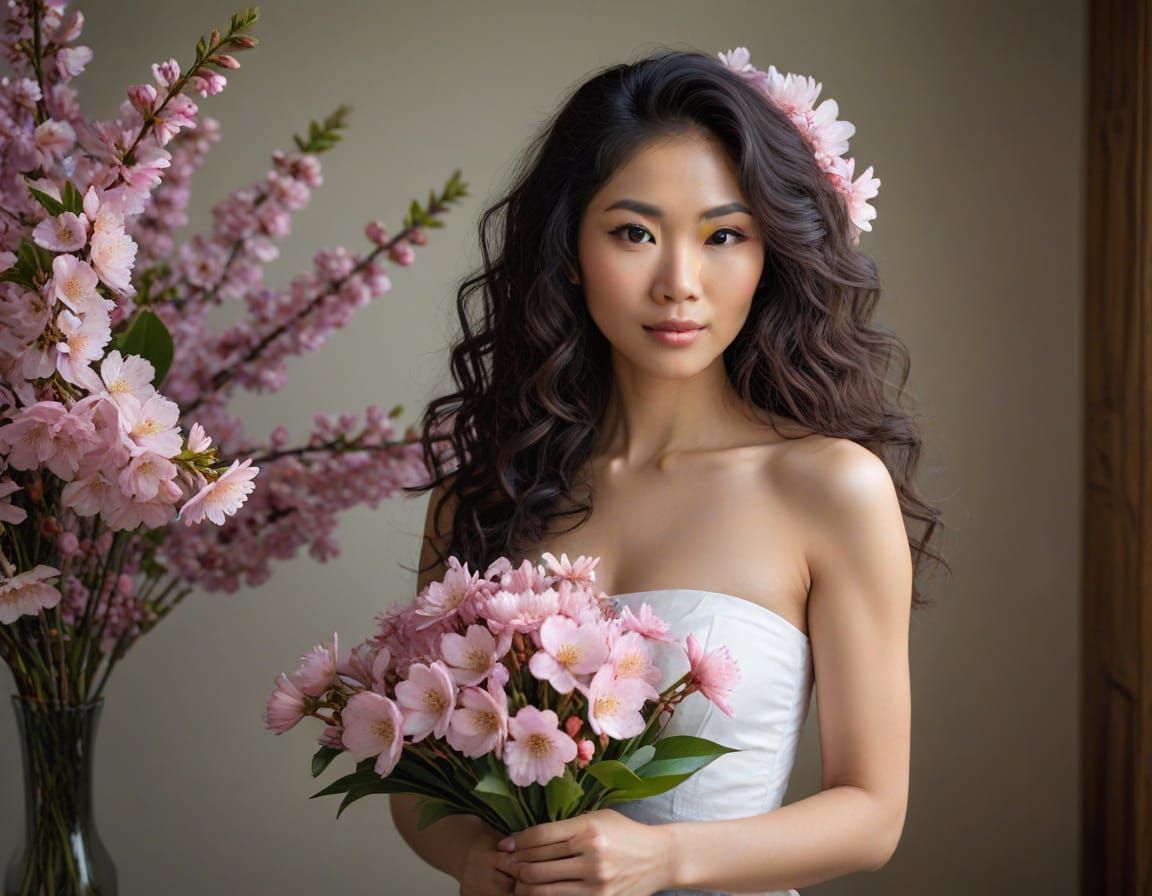 Confident Asian Woman with Cherry Blossoms in a Vibrant Port...