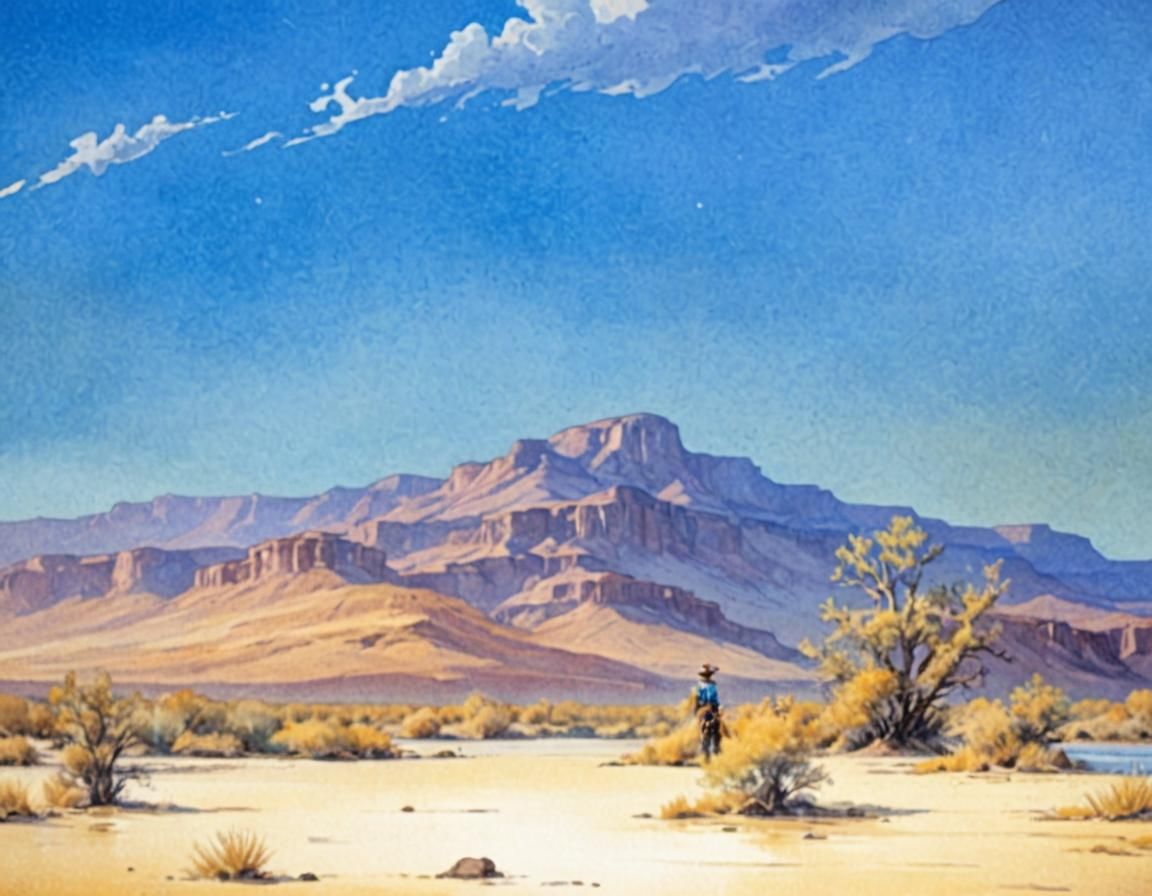 Cowboy on Riverbank in Watercolor Comic Art