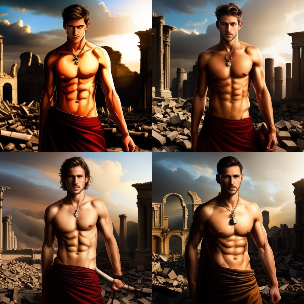 Young Roman Soldier in Front of Ruined Temple