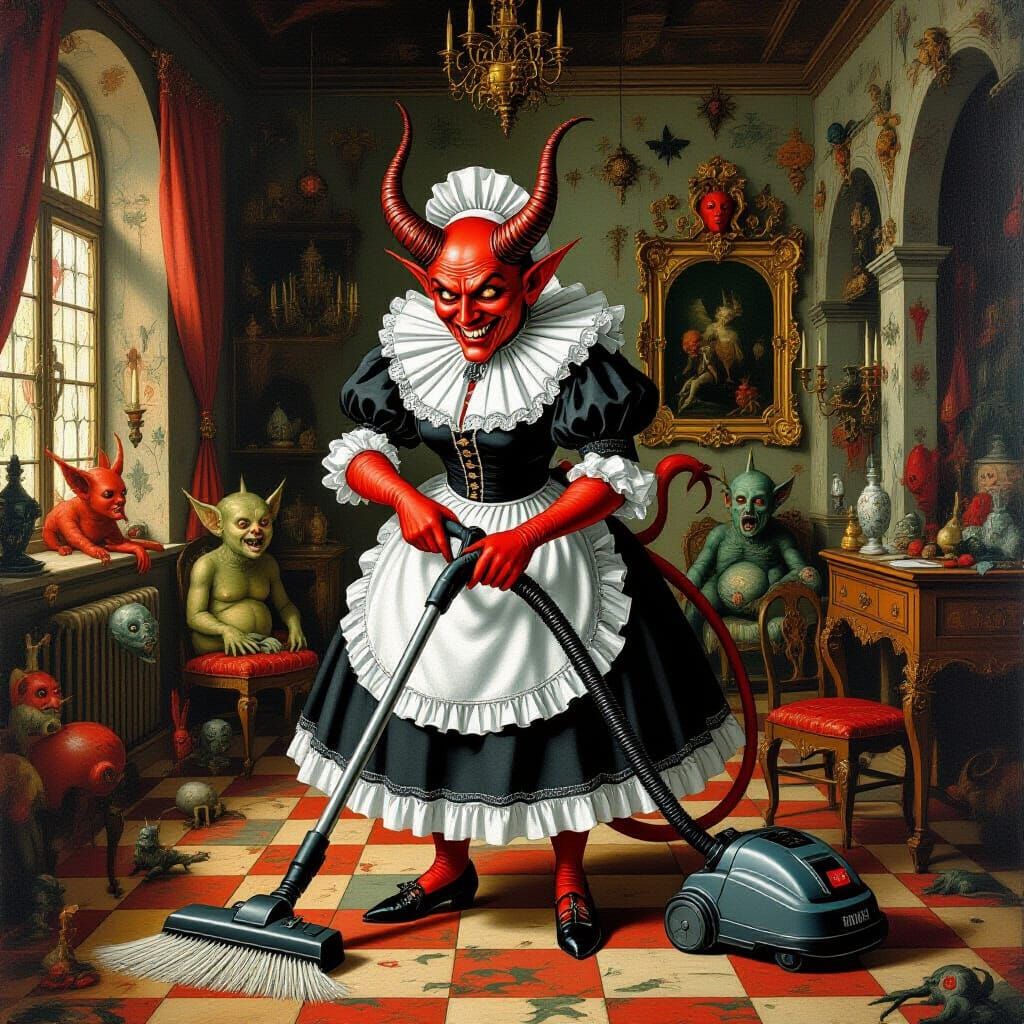 Demonic Maid Vacuums Boschian Baroque Room