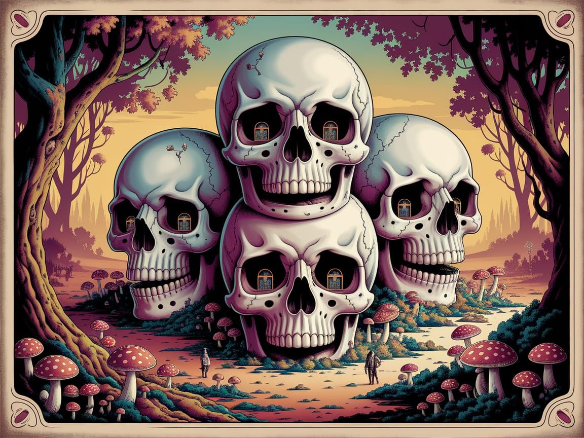 Giant Skulls with Windows in Overgrown Forest