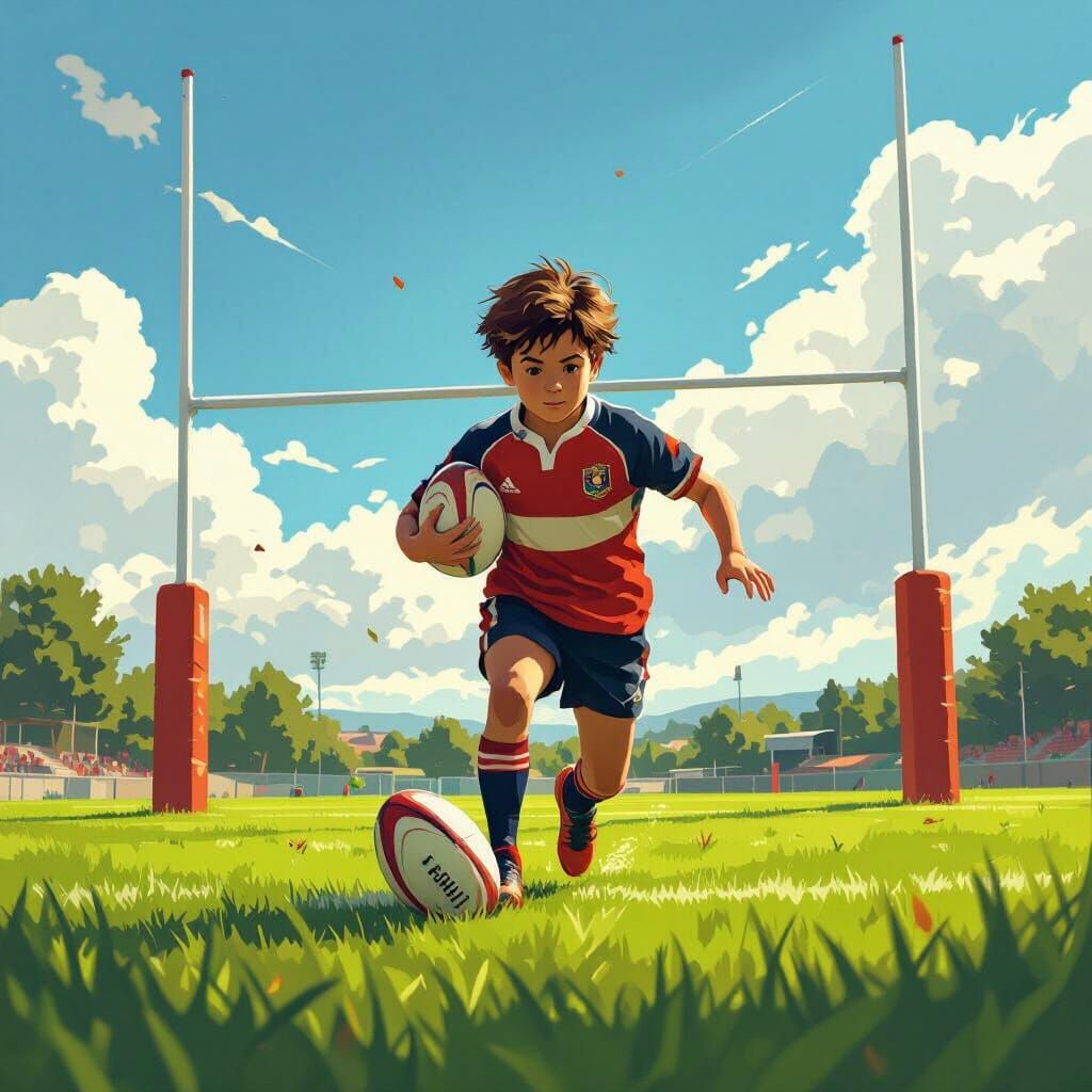 Young Rugby Player in Motion on Lush Field