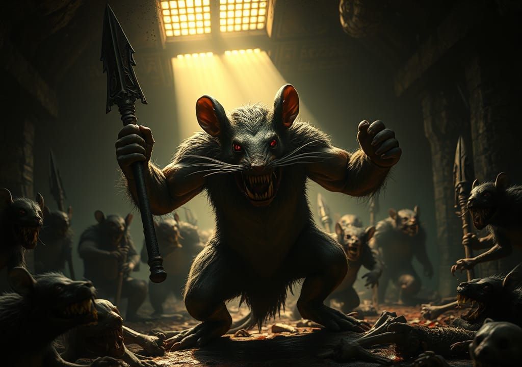 Cinematic Rat-Man Leading Horde in Sewer