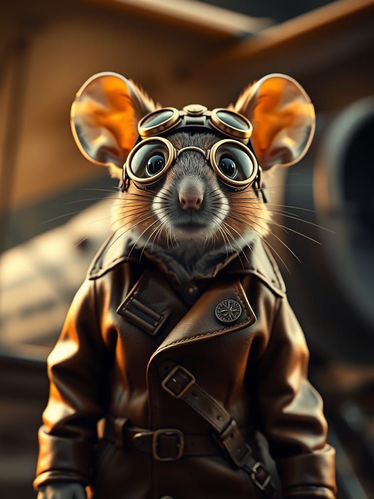 Steampunk Mouse Soars in Whimsical Biplane Landscape
