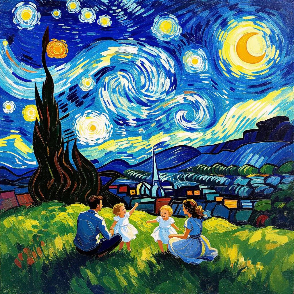 Van Gogh Style Family Joy in Golden Hour Landscape