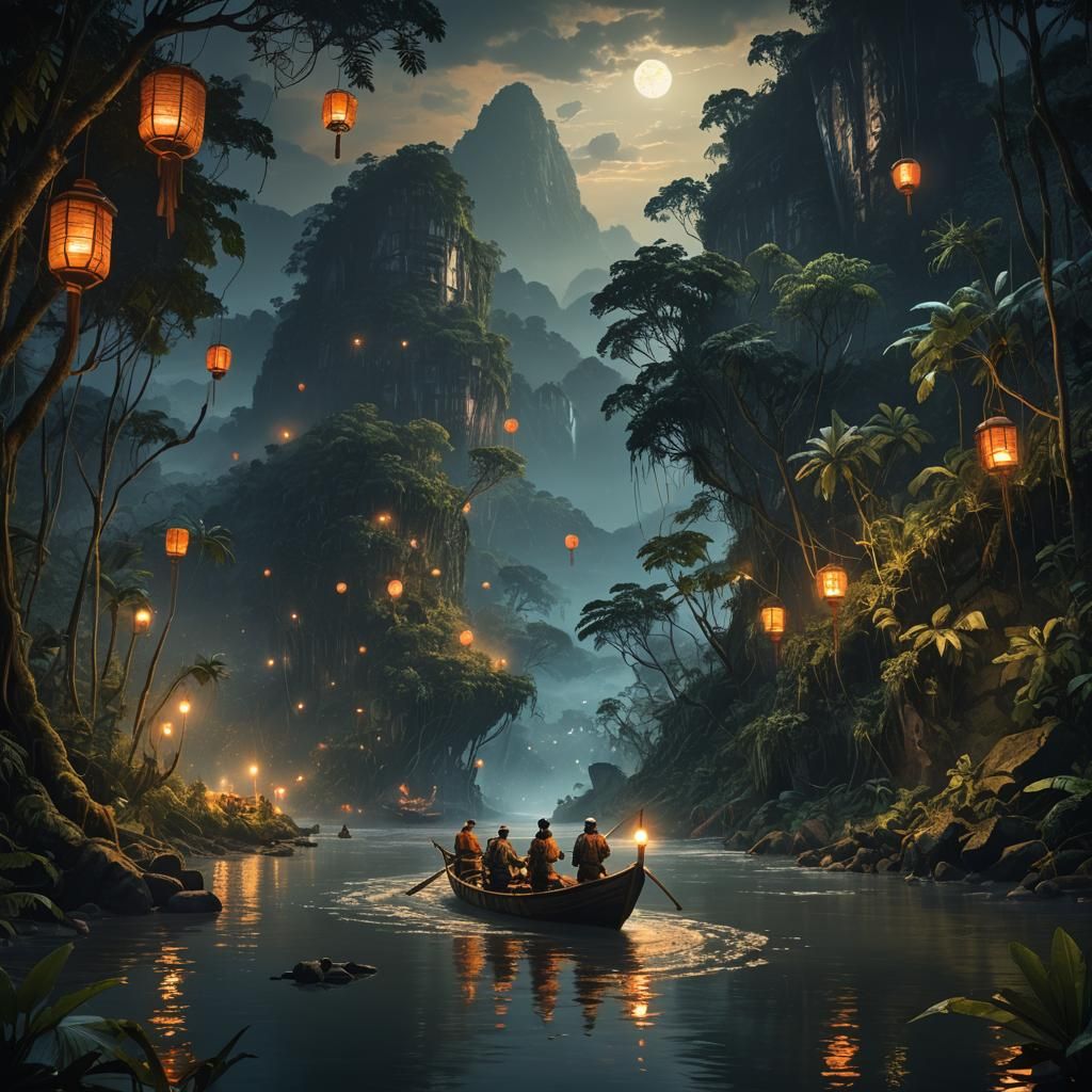 Amazon River at Night in Matte Painting Style