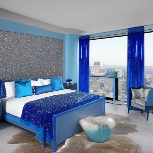 Glitter penthouse with shimmery glittery cobalt blue walls with light blue accents& shimmery silver rhinestones& cobalt ...