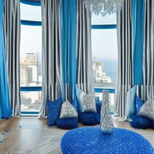 Glitter penthouse with shimmery glittery cobalt blue walls with light blue accents& shimmery silver rhinestones& cobalt ...