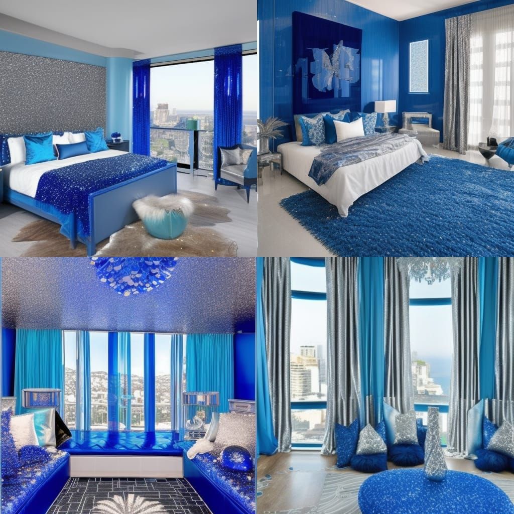 Glitter penthouse with shimmery glittery cobalt blue walls with light blue accents& shimmery silver rhinestones& cobalt ...