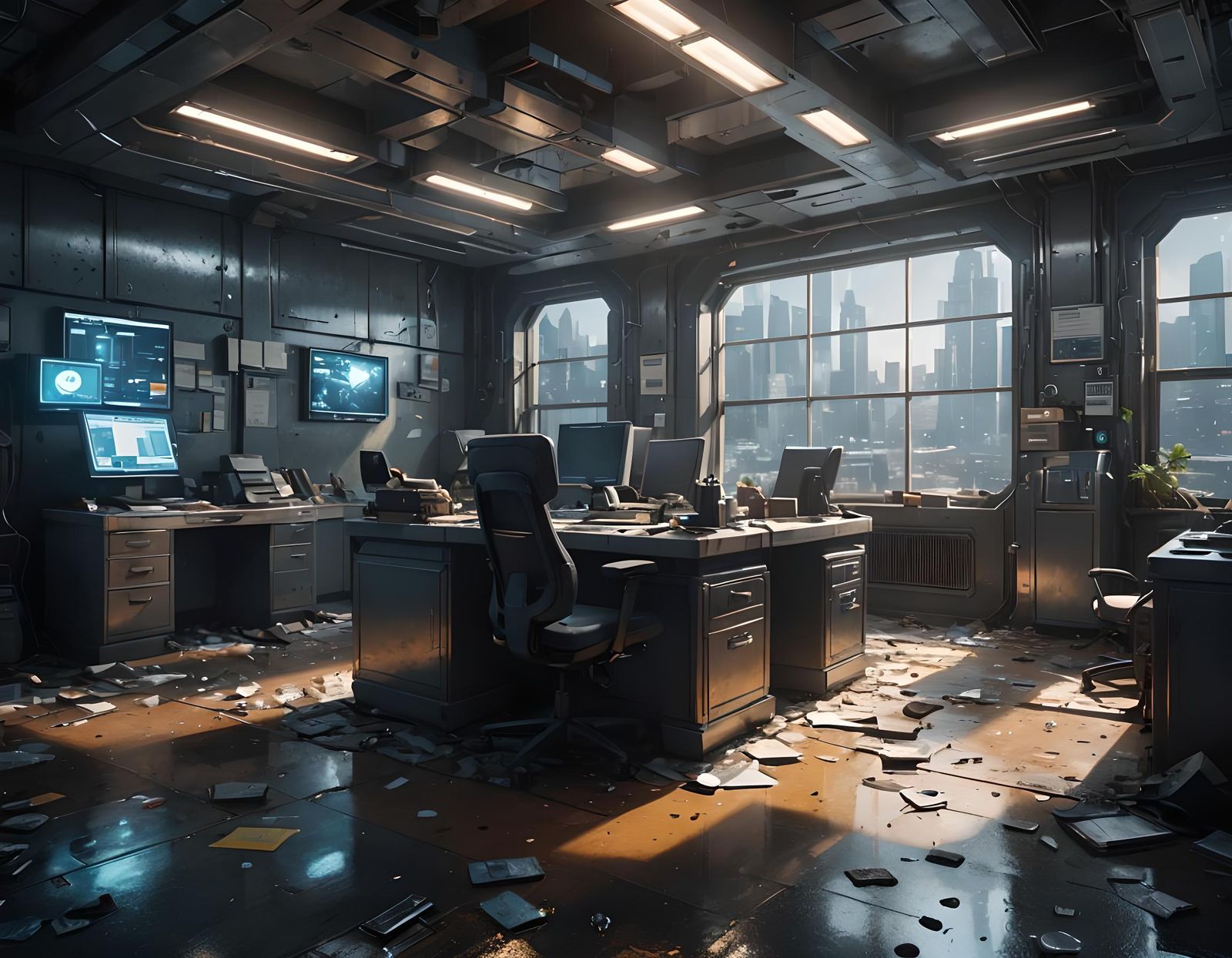 Sci-Fi Abandoned Security Office: Detailed Matte Painting
