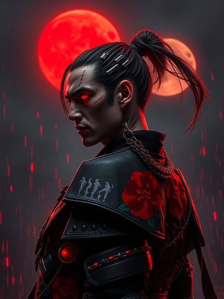 Cyberpunk Samurai Warrior Illuminated by Glowing Red Moon