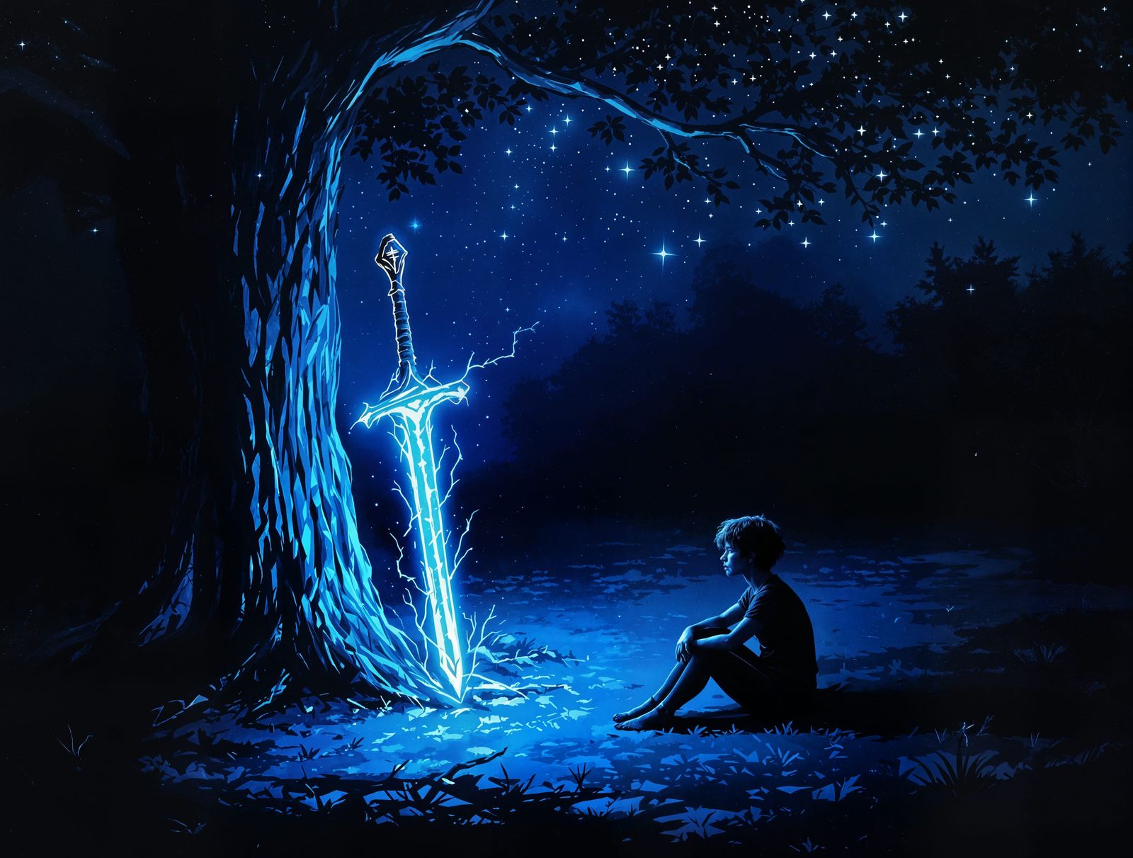 Ethereal Azure Sword in Impressionistic Night Scene