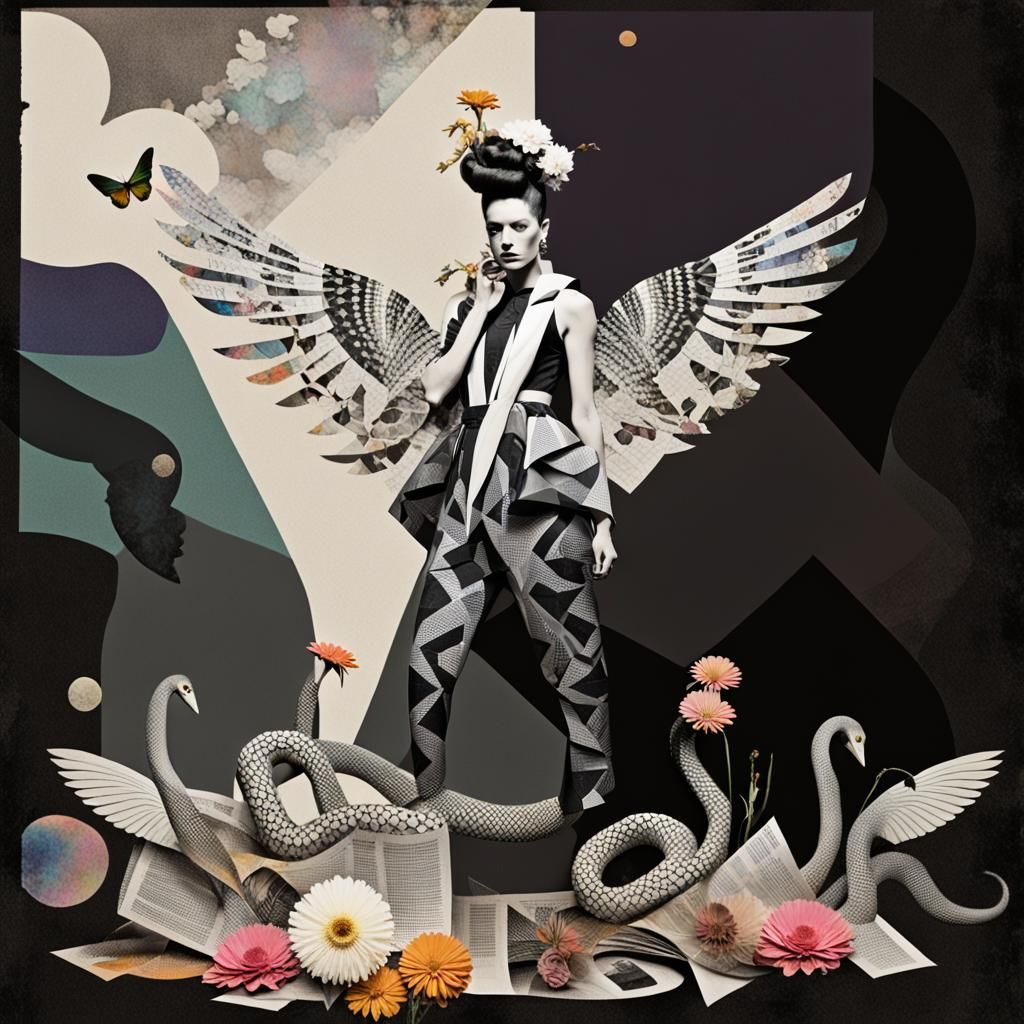 Surrealist Photogram Collage with Geometric Serpents