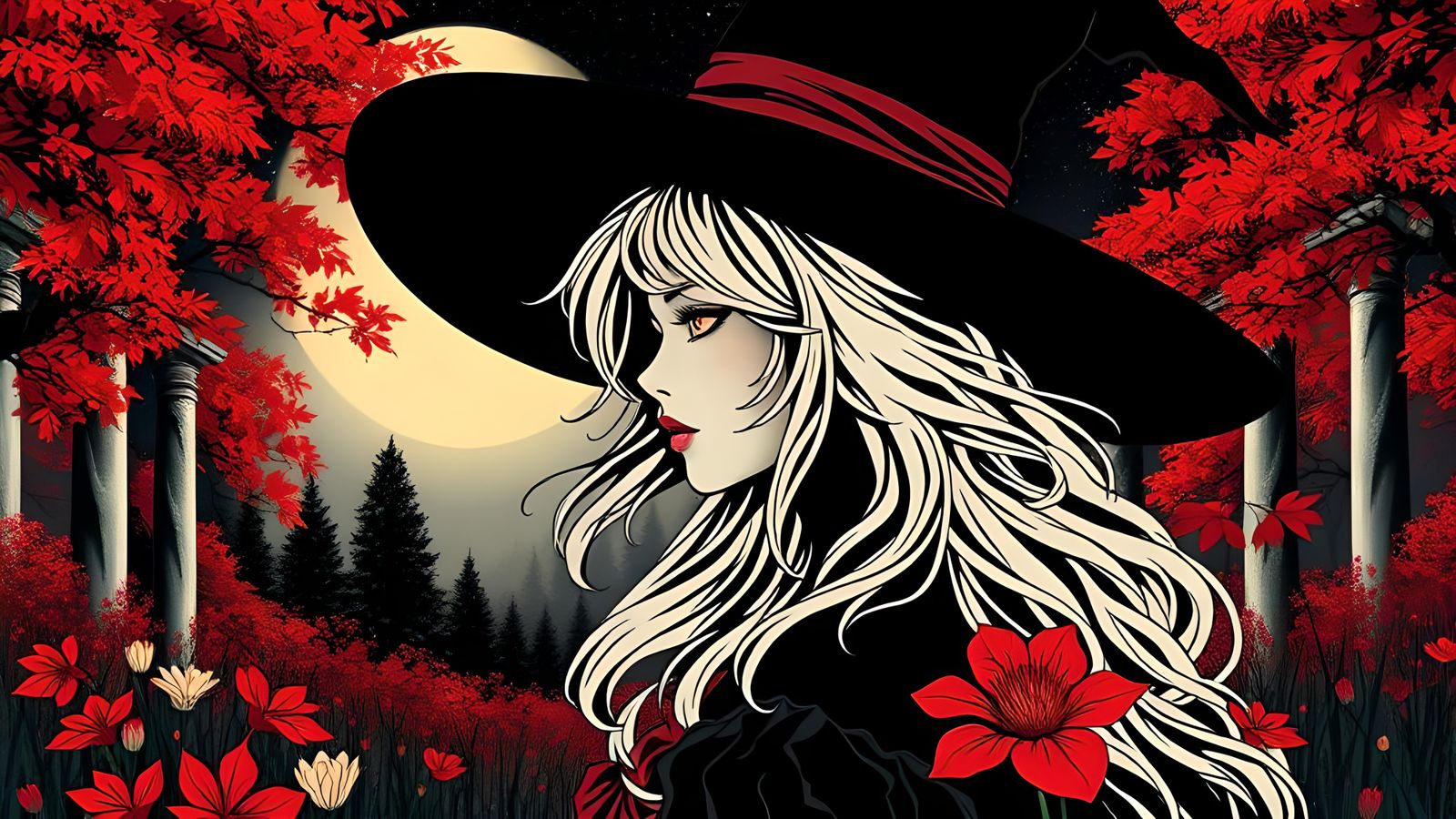 Gothic Witch Silhouette in Autumnal Forest