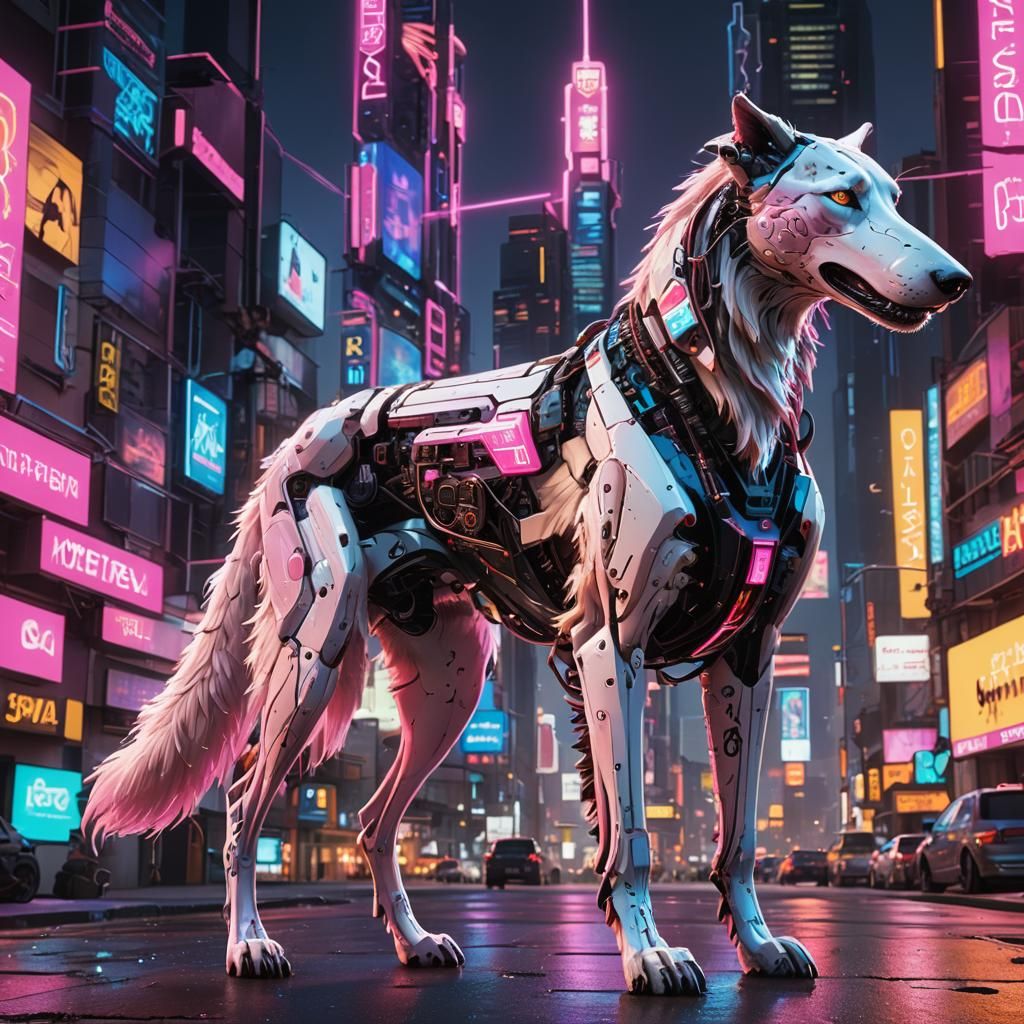 Cybernetic Borzoi in Neon Cityscape