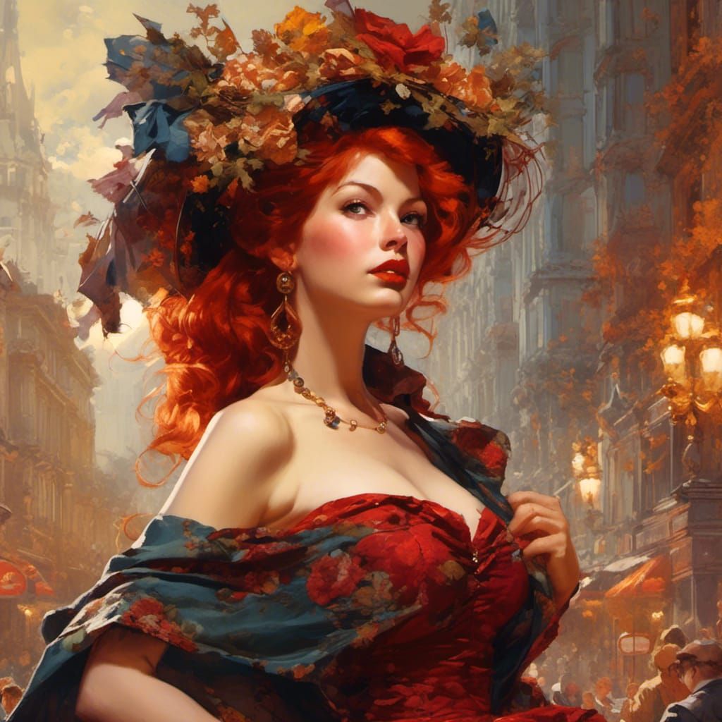 Glamorous Redhead in Paris, Digital Illustration