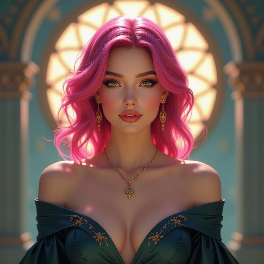 Elegant Pink-Haired Woman in Hyperdetailed Digital Art