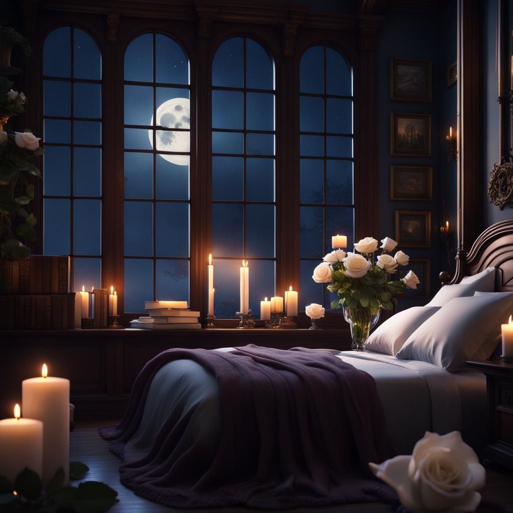 Romantic Bedroom at Night with Roses and Moonlight