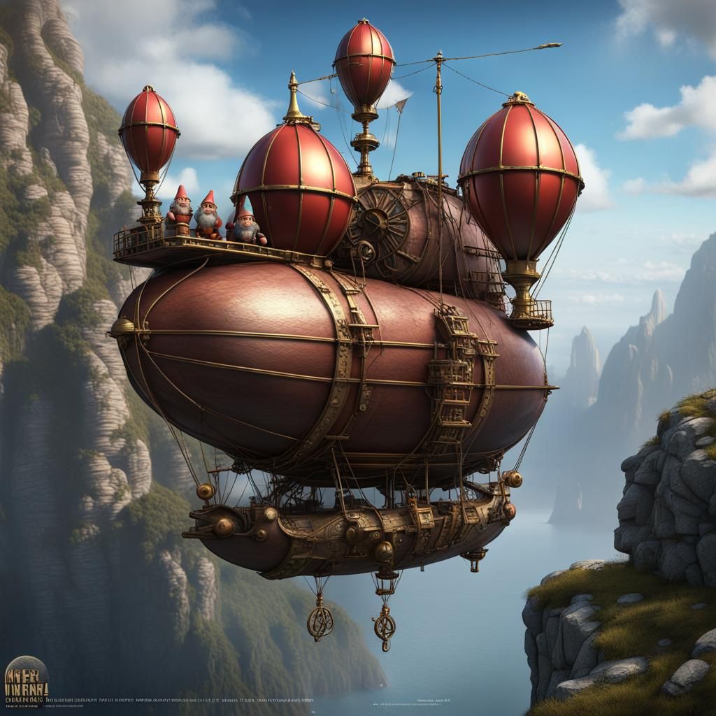 Fantasy Gnome Airship Adventure in Matte Painting Style