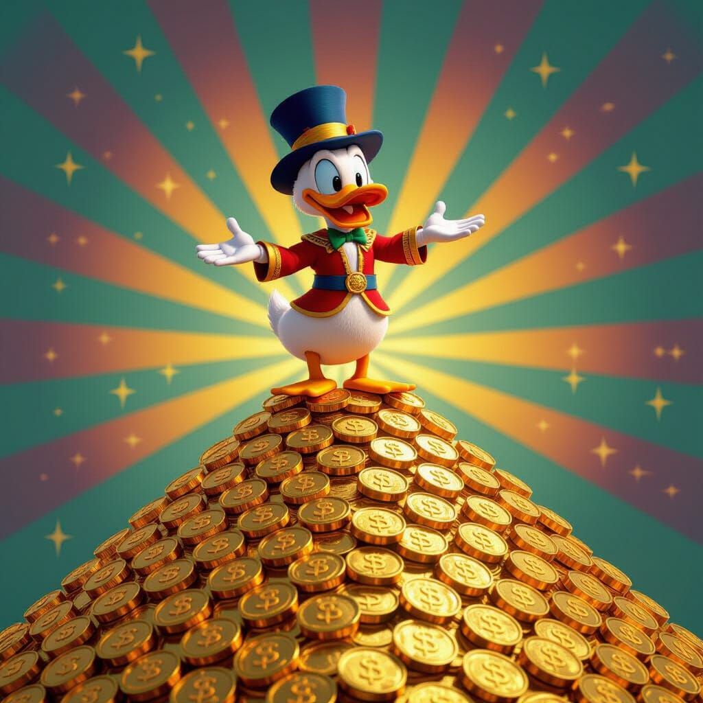 Scrooge McDuck on Gold Coin Pyramid in 3D Digital Art Style