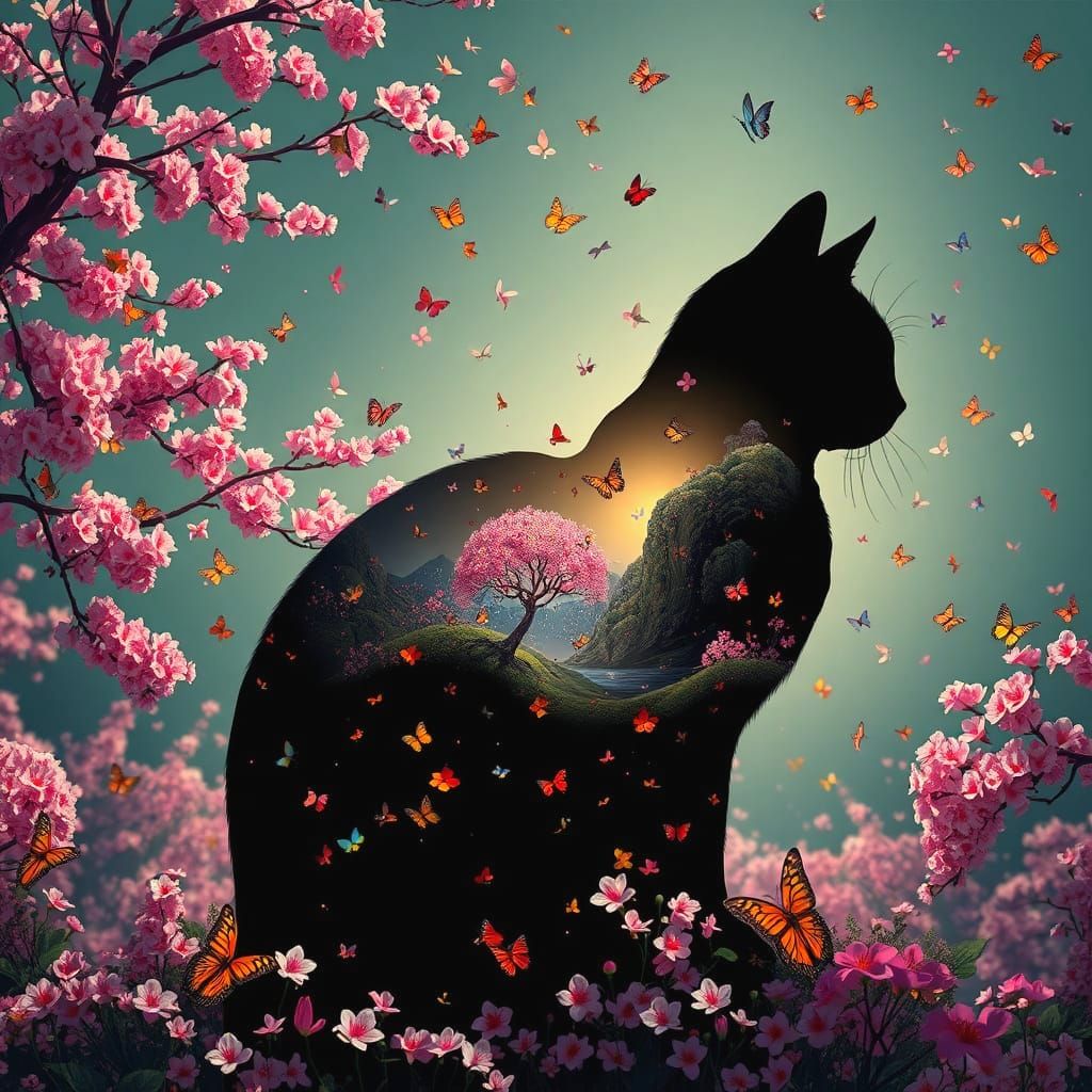 Japanese Landscape Inside Cat Silhouette: Digital Art