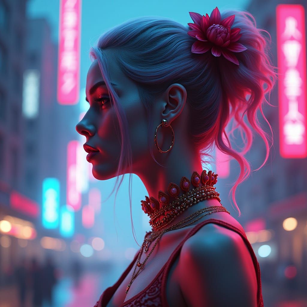 Cyberpunk Woman Portrait in Dystopian Cityscape