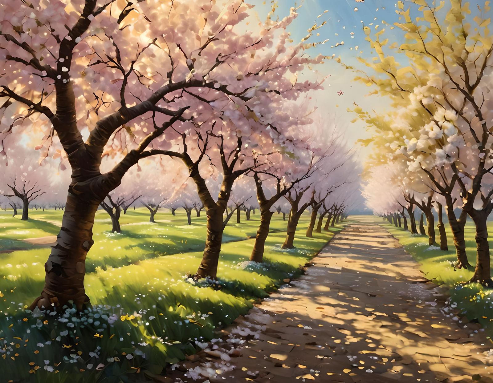 Dreamy Orchard in Oil Painting Style
