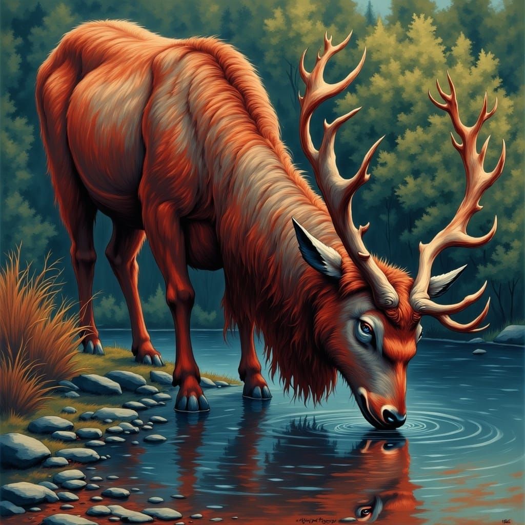 Majestic Multi-Antlered Stag Drinking from Pond