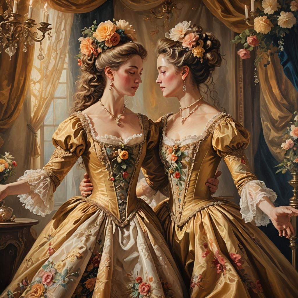 Romantic Dance Scene: Two Women in an Oil Painting