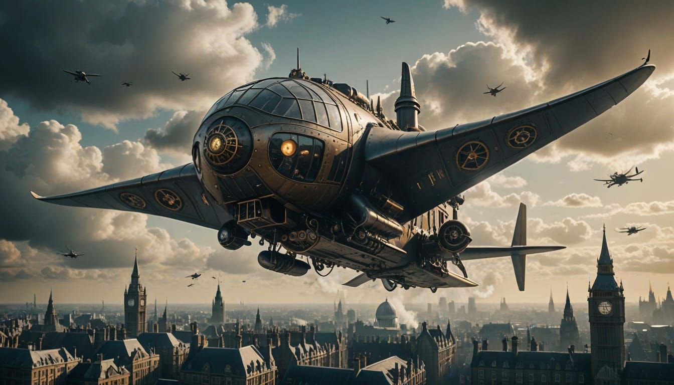 Steampunk Stingray Aircraft Over Victorian London