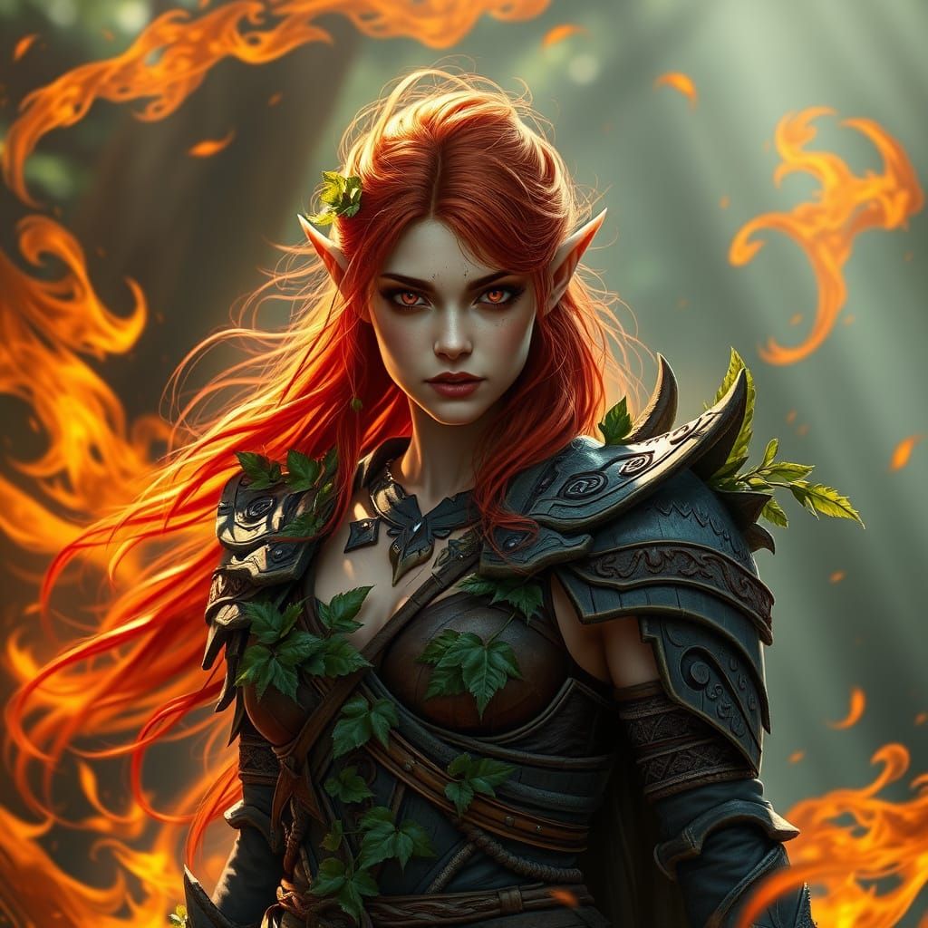 Surreal Summer Goddess in Lush Wood Armor with Fiery Aura