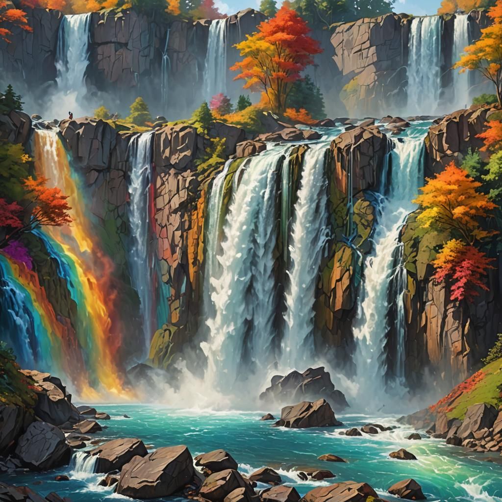 Colorful Massive Waterfall in Hyperrealistic Splash Art