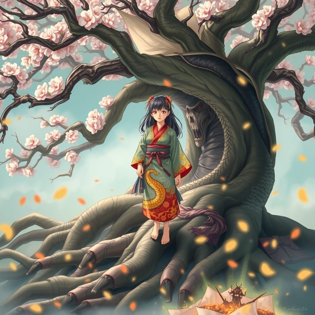 Mystical Cherry Tree with Kimono Figure in Fantasy Style