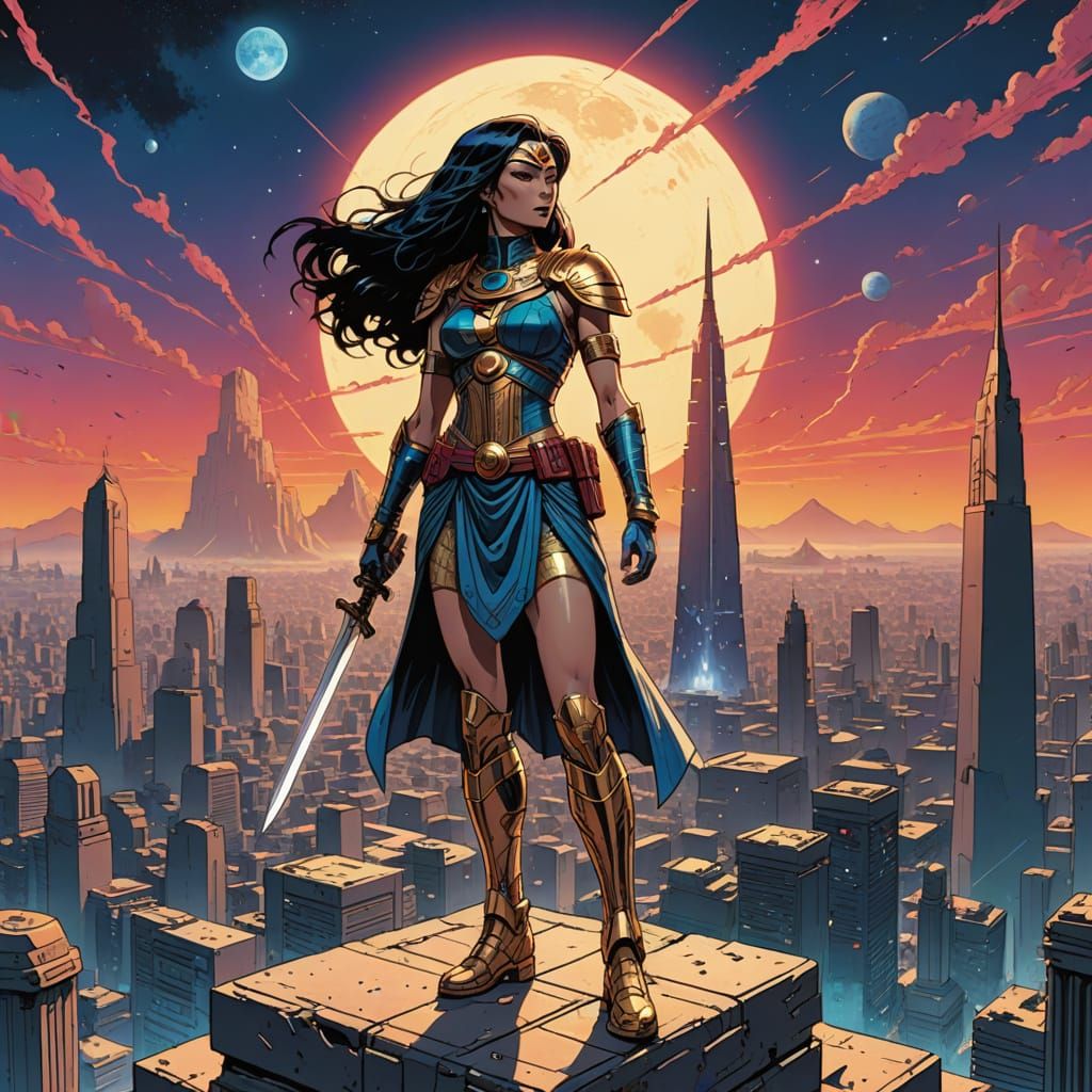 Fiery Sword Wielding Woman Overlooking Synthwave City