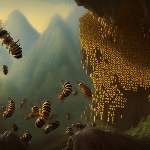 Detailed Matte Painting of Beehive and Bees
