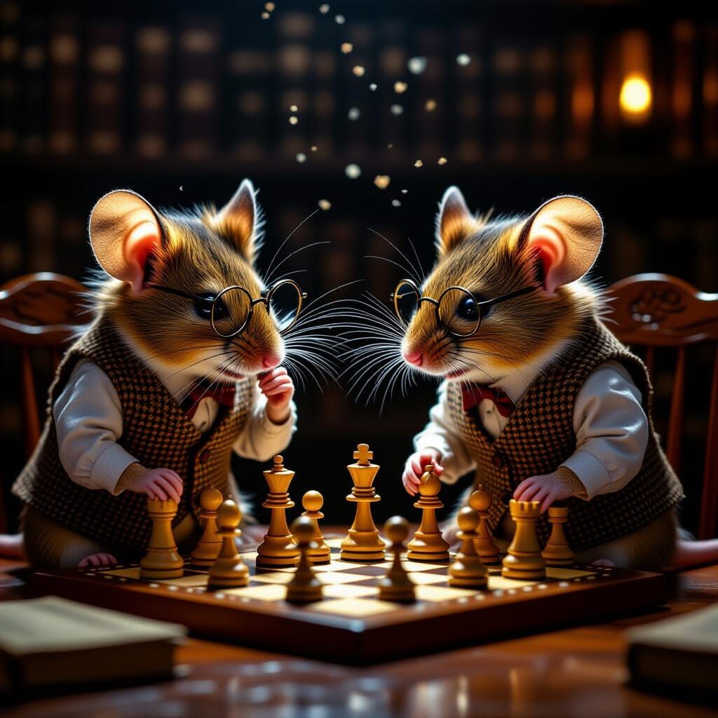 Mice Playing Chess in Cozy Library