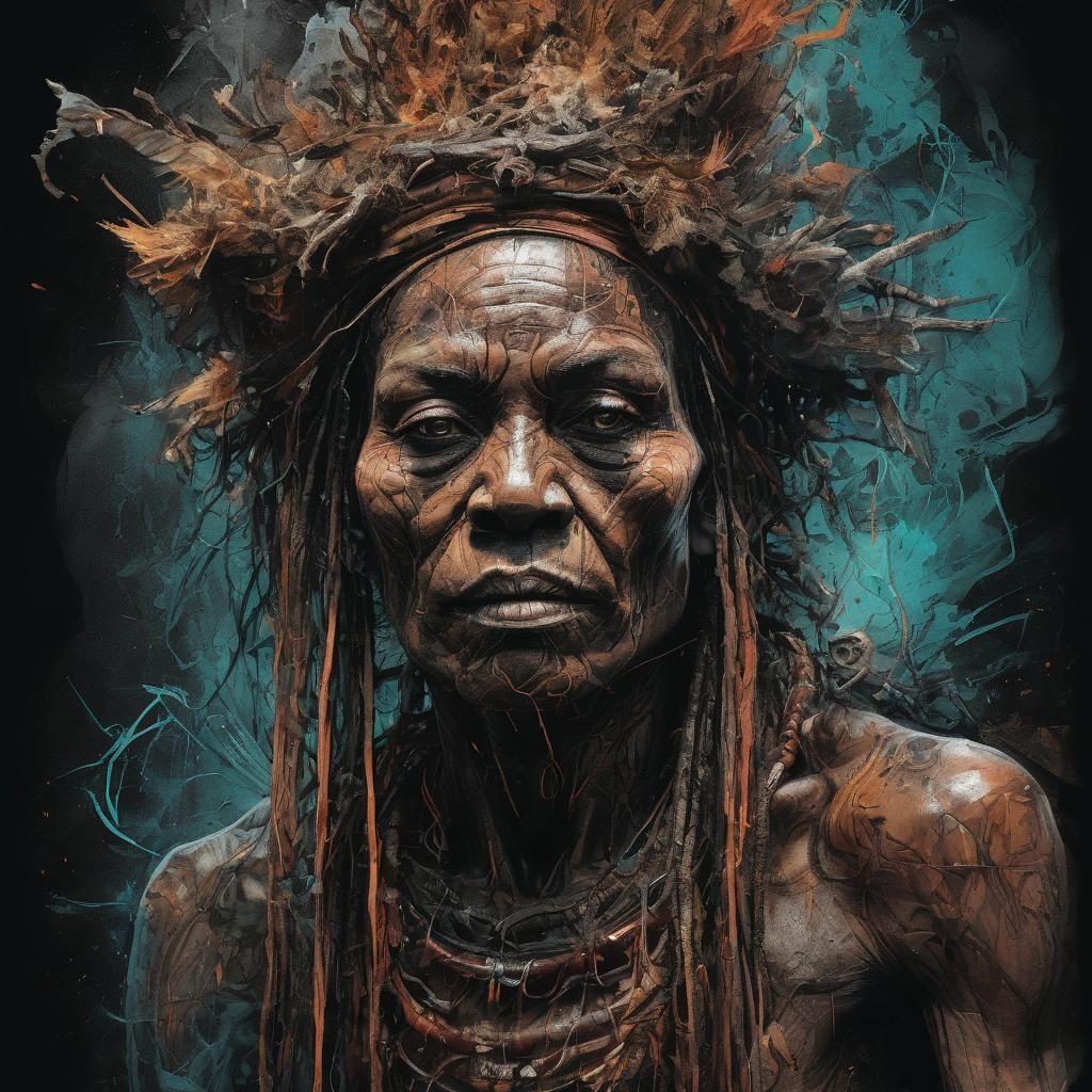 Witch Doctor Vision Quest in Scratchboard Ink Style