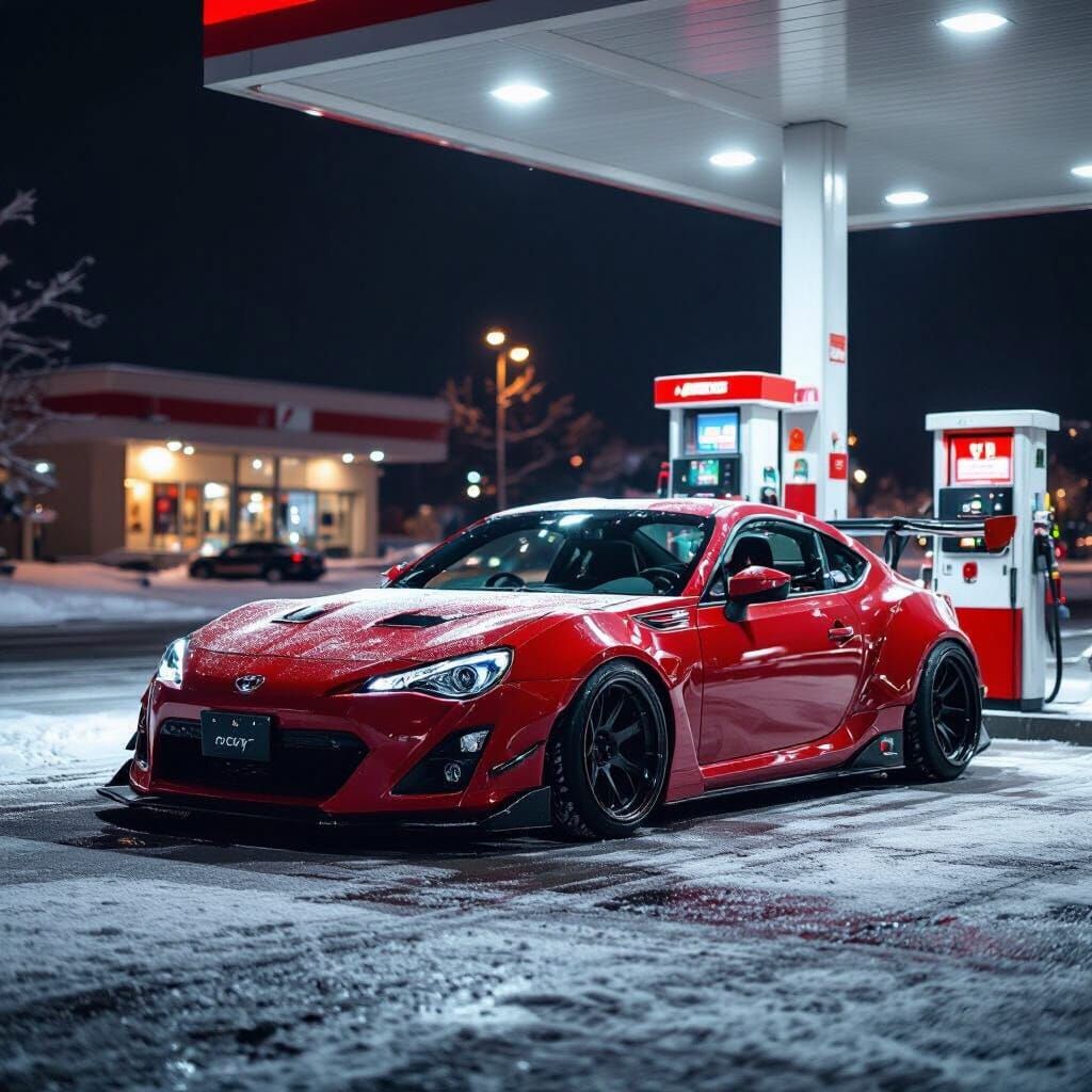 Red Toyota GT86 Rocket Bunny at Gas Station