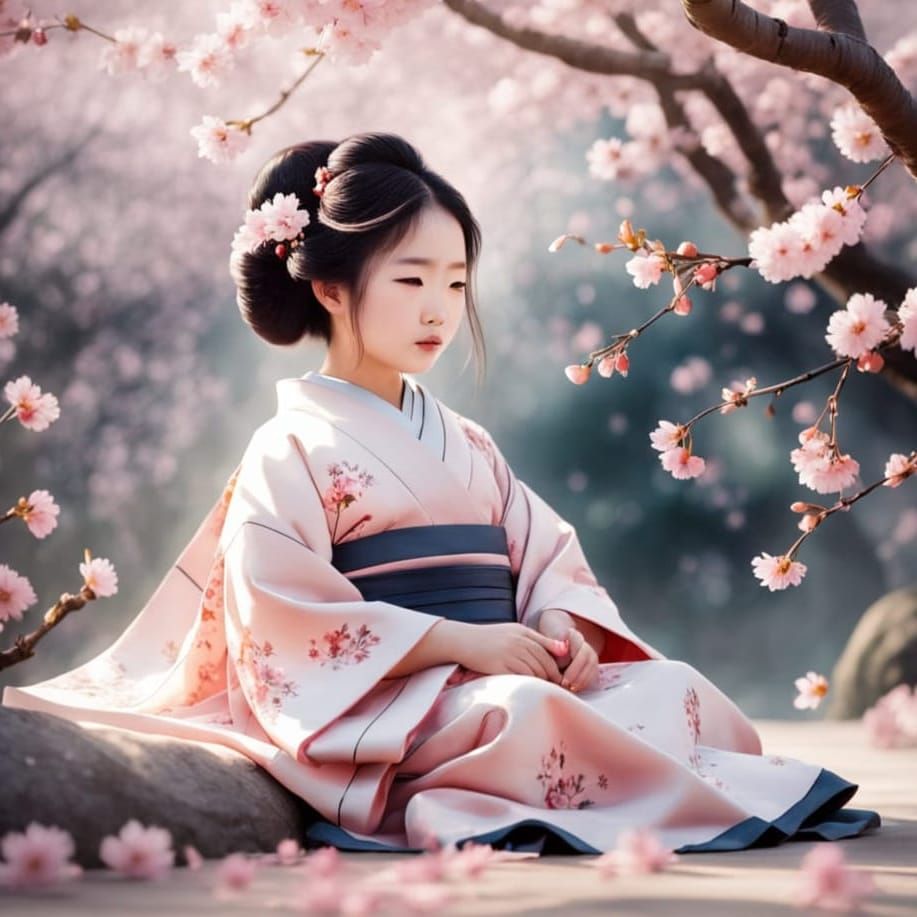 Toddler Geisha in Cherry Blossoms: Japanese Watercolor