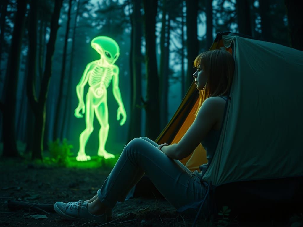 Woman's Campsite Visited by Neon Alien Projection