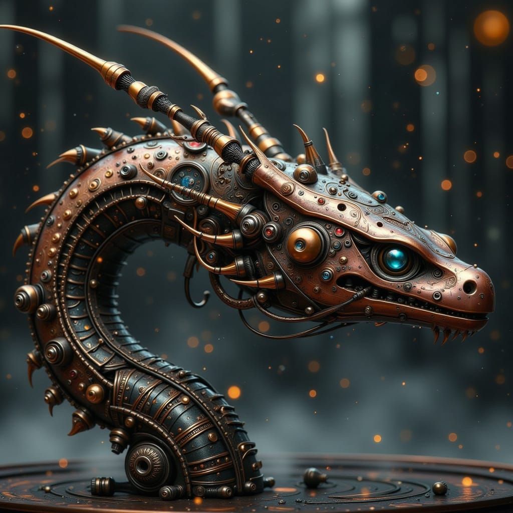 Cyberpunk Mechanical Serpent with Intricately Crafted Copper...
