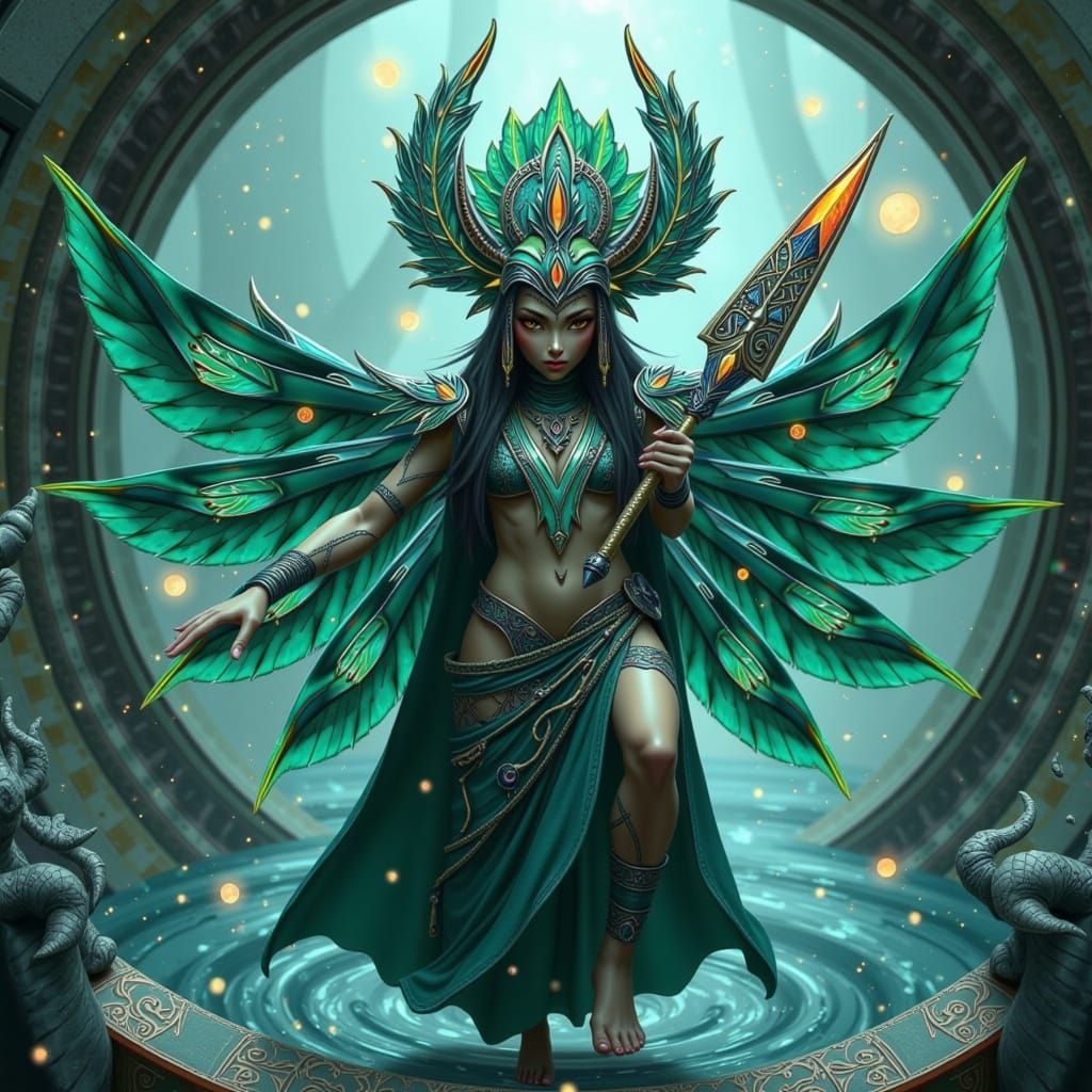 Mysterious Quetzalcóatl-Inspired Warrior in Turquoise and Em...