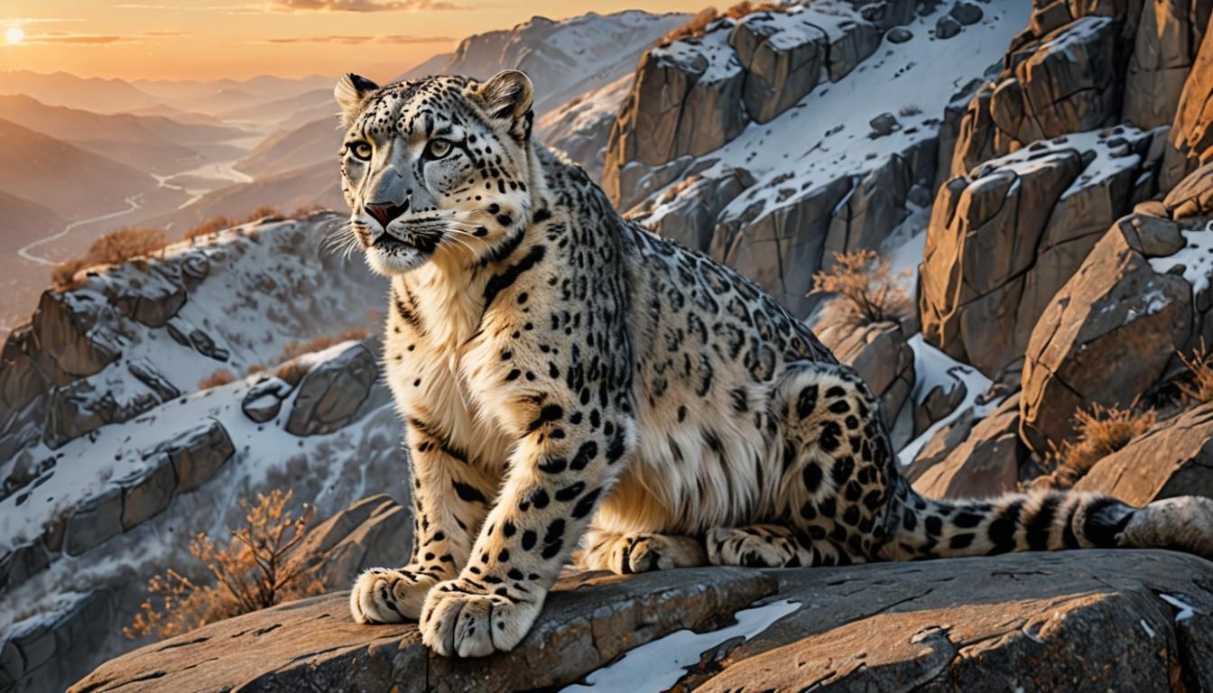 Snow Leopard on Rocky Cliff in Golden Light
