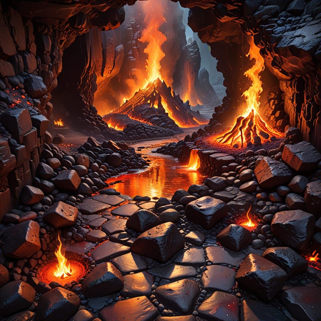 Dark Fantasy Figure in Fiery Cave: Oil Painting